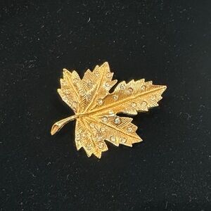 Gold Leaf Brooch with Rhinestone Accents